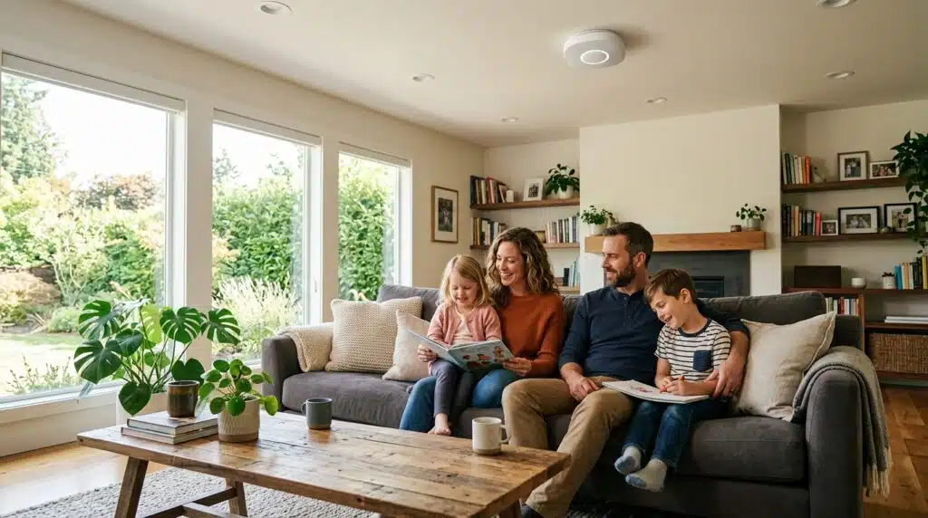 Family relaxing safely in a smart-home-protected living room