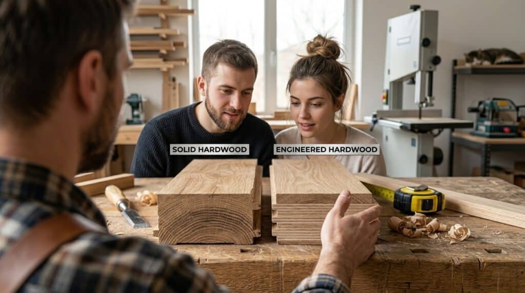 Cross-section comparison of solid hardwood plank next to engineered hardwood plank
