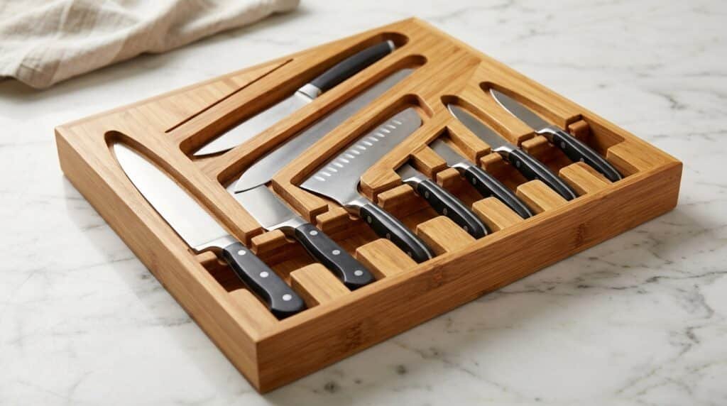 Bamboo knife drawer insert with individual blade slots on a marble countertop