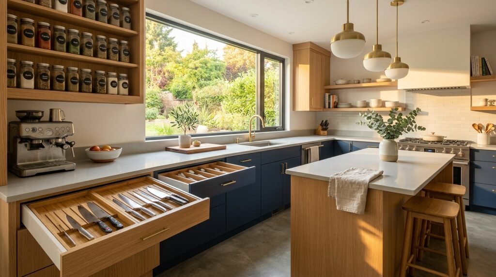 Beautifully organized modern kitchen with drawer knife organizer and clean countertops