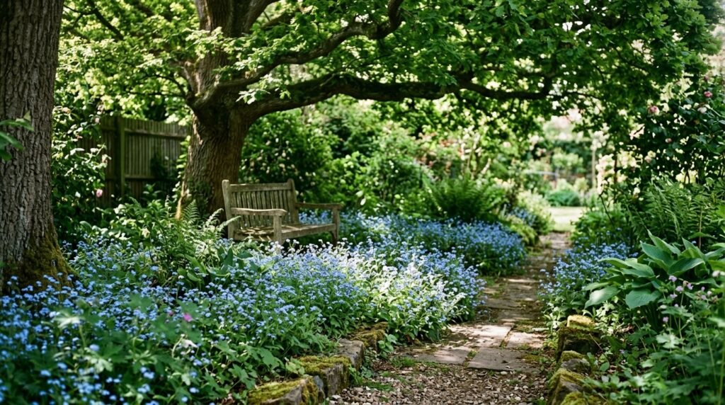 Blue forget-me-not plants blooming in dappled partial shade beneath a garden tree
