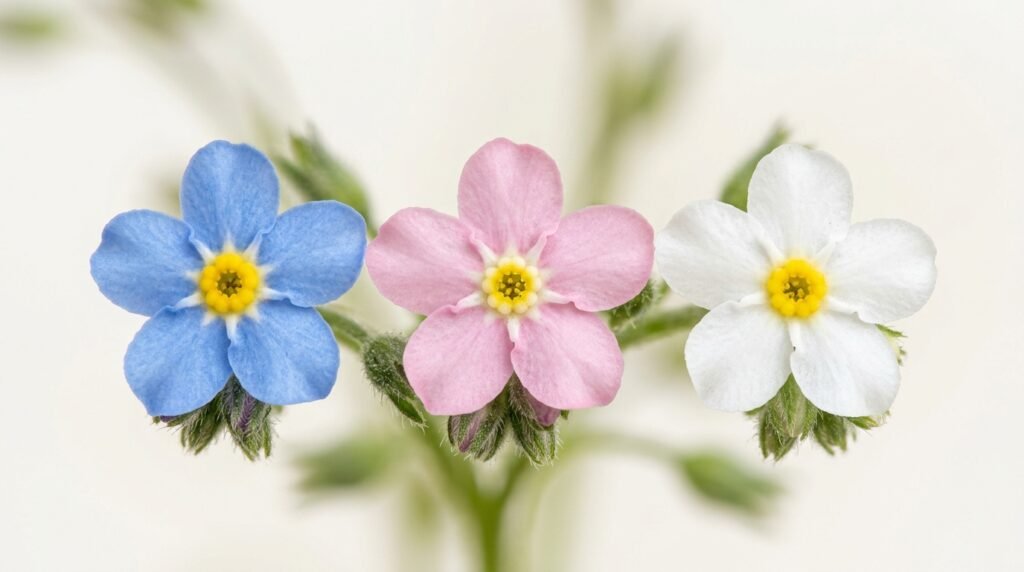 Blue, pink, and white forget-me-not flower colours shown side by side in macro close-up photography