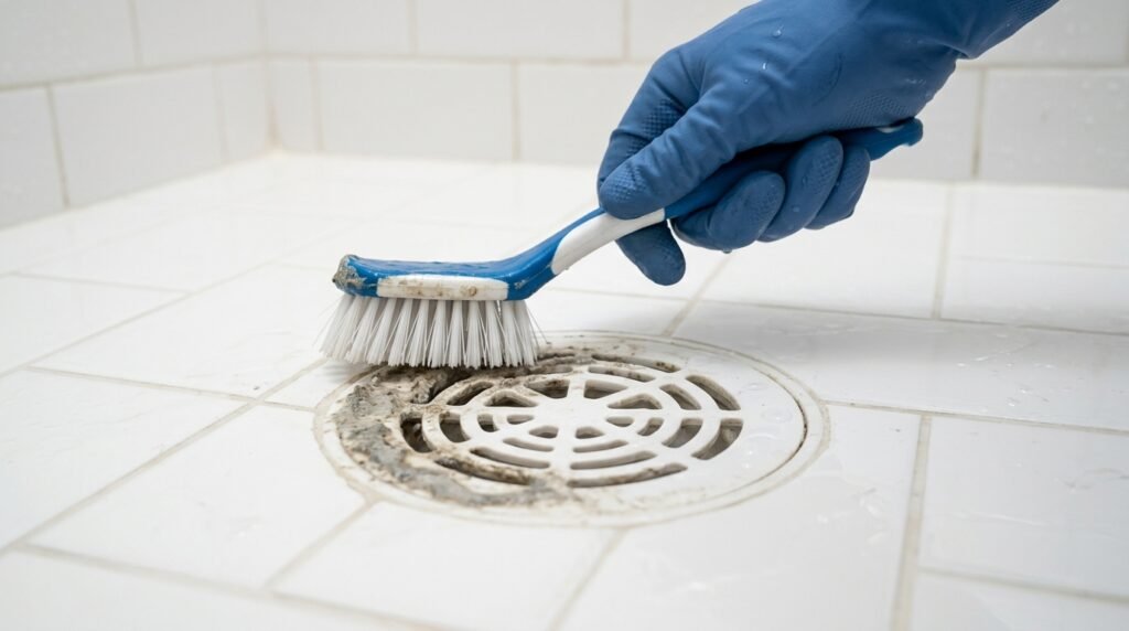Stop Sewage Smell In Bathroom – 7+ Simple DIY 89.9% Proven Cleaning bathroom shower drain with brush to remove biofilm buildup and sewage smell
