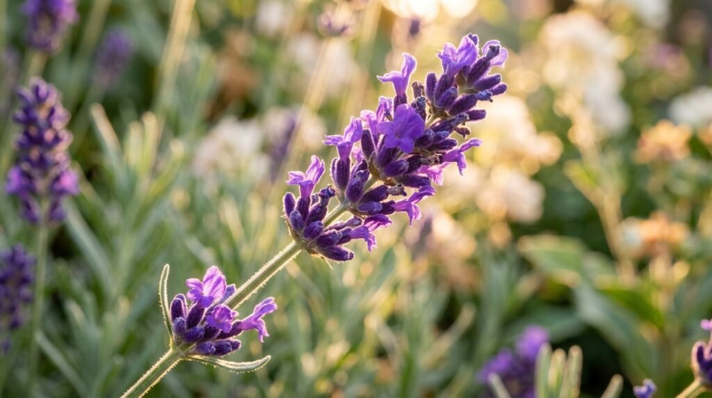Close-up macro photograph of lavender sprigs with fine hairs — natural deer repellent plant