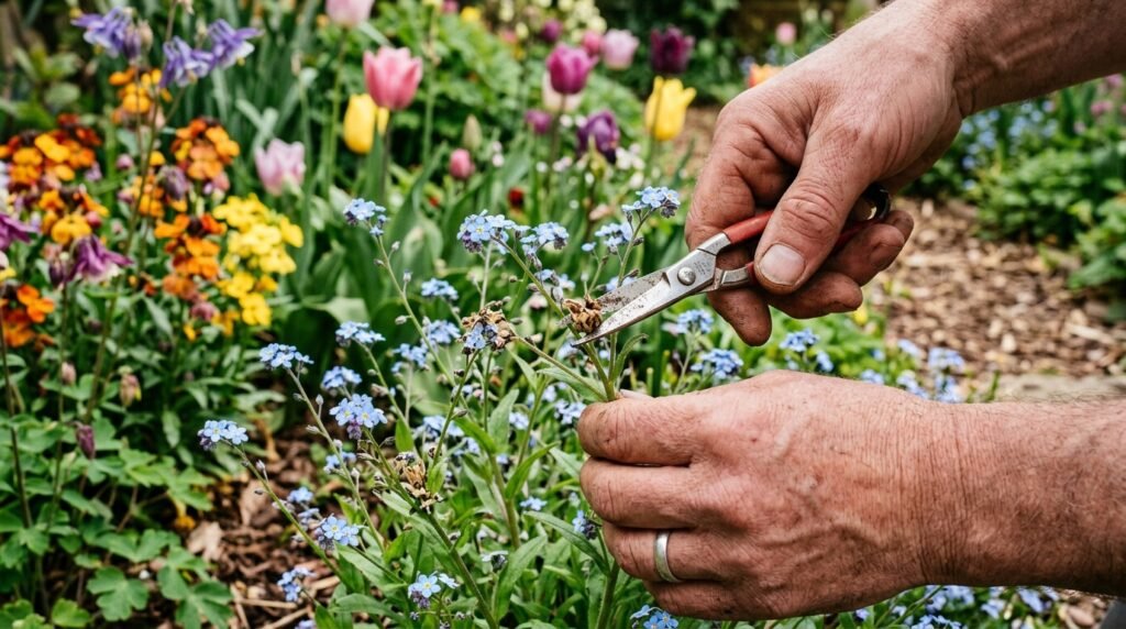 Close-up of gardener deadheading faded forget-me-not flowers with scissors to extend bloom season