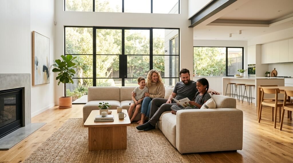 Family enjoying spacious modern home with 10-foot ceiling height — ceiling height and quality of life at home