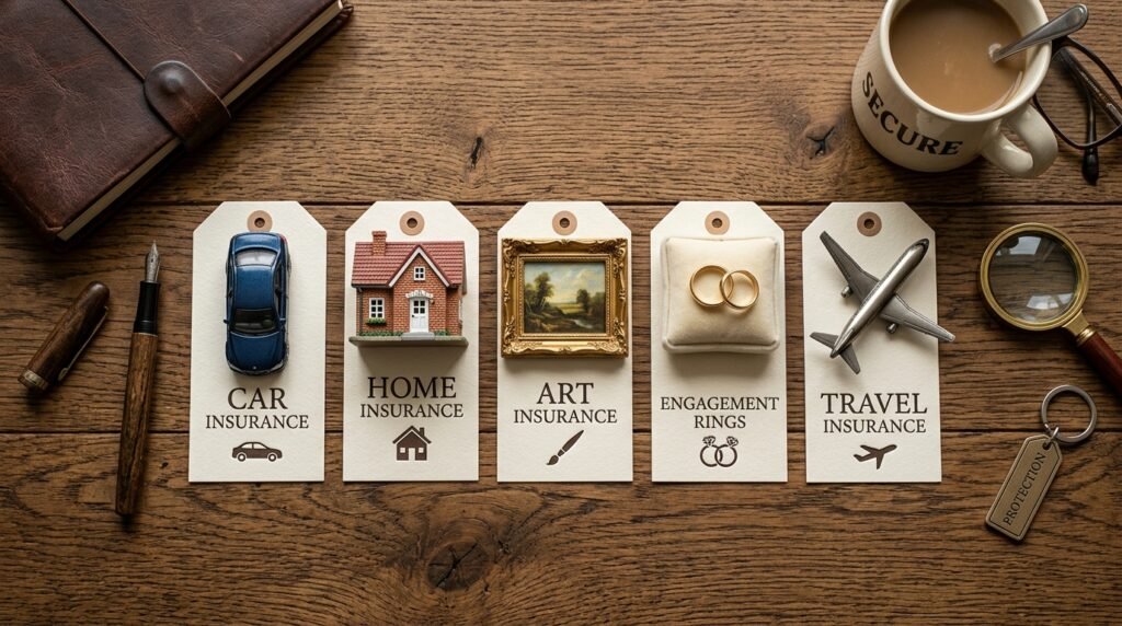 Flat-lay of insurance icons for car, house, art, wedding, and airplane coverage
