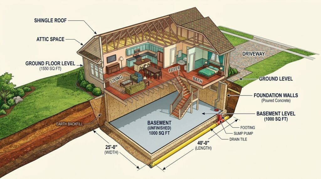 House cross-section diagram showing 40 by 25 foot basement footprint with square footage label