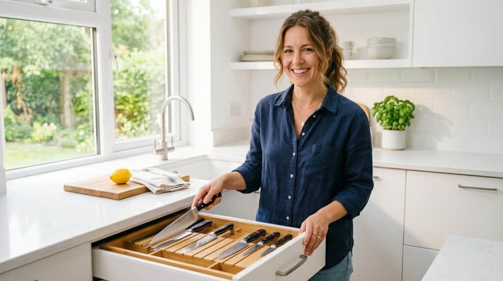 Person confidently grabbing a chef knife from a bamboo knife drawer organizer in a modern kitchen  