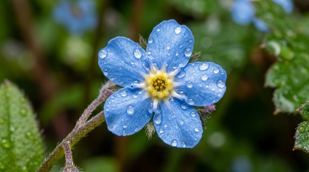 Macro photography of a single forget-me-not flower showing blue petals and yellow centre