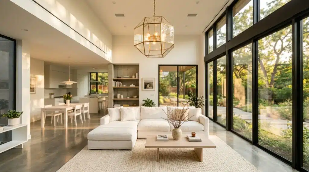 10-foot ceiling height in a modern open-plan living room — average ceiling height guide