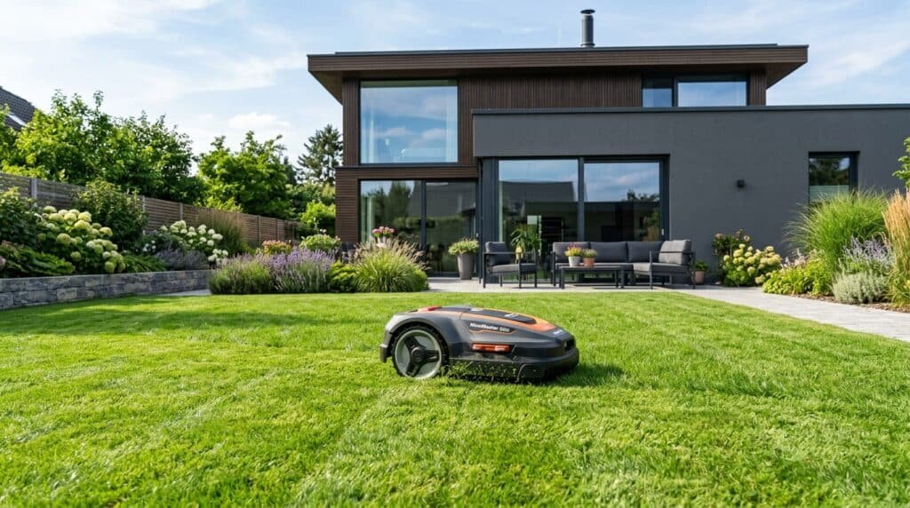 Lawn Care Maintenance Guide – Mowing, Watering & More Modern robotic lawn mower cutting grass in a backyard