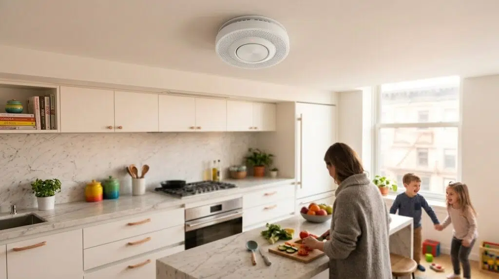 Modern white smoke detector mounted on a residential ceiling with green LED status light