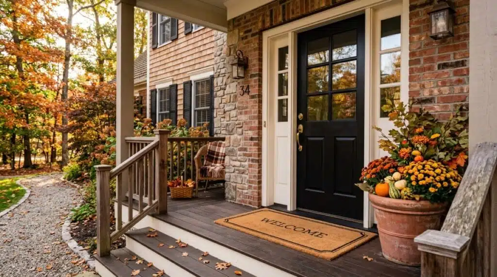 Natural coir door mat in front of a black front door on a welcoming porch.