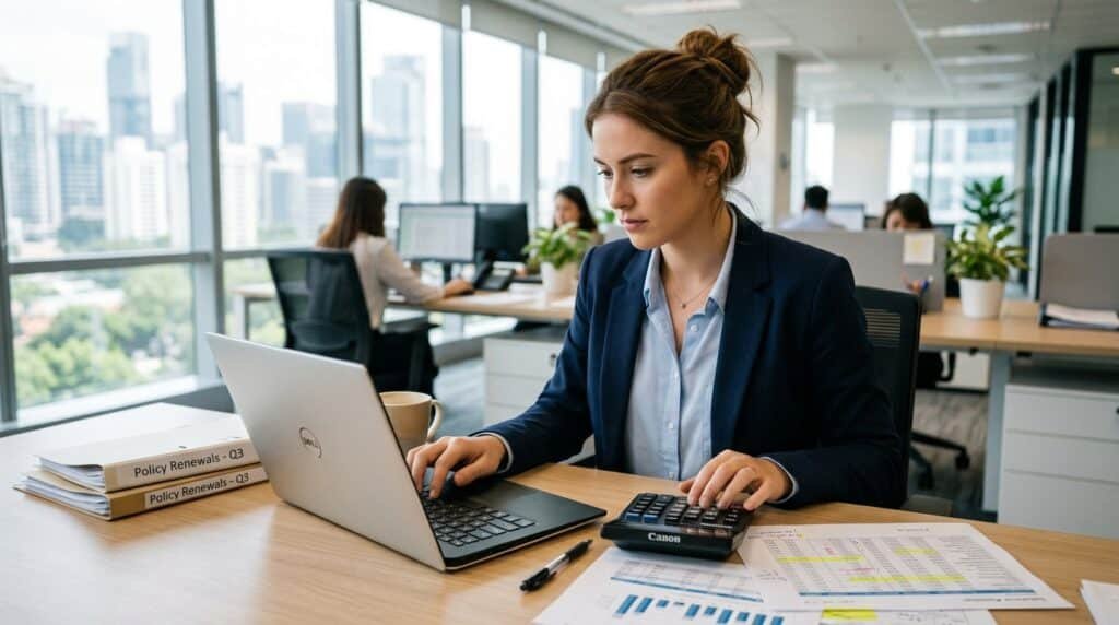Person calculating specialty insurance costs with a laptop and calculator