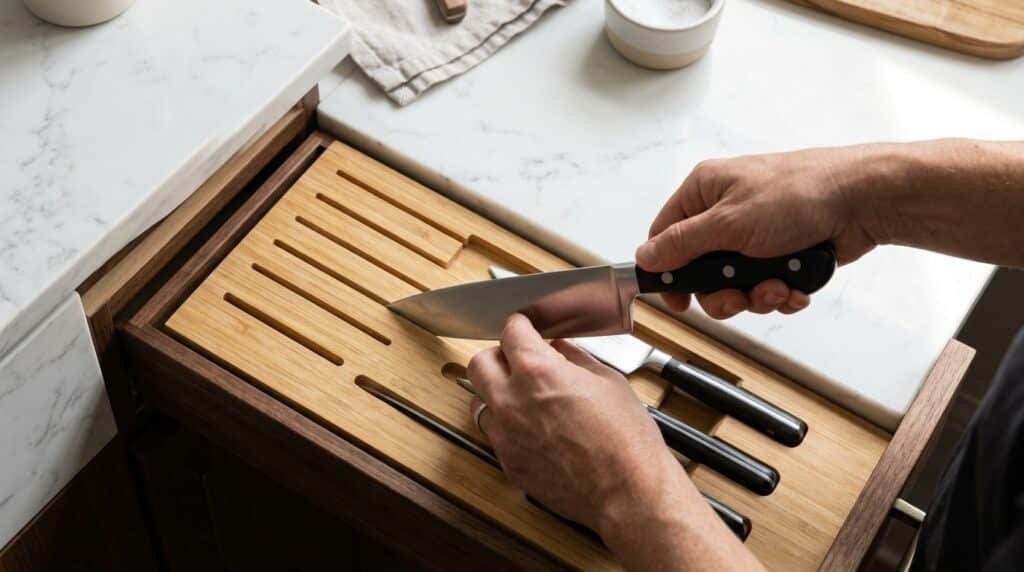 Person placing a chef's knife safely into a bamboo knife drawer insert — correct knife drawer storage technique