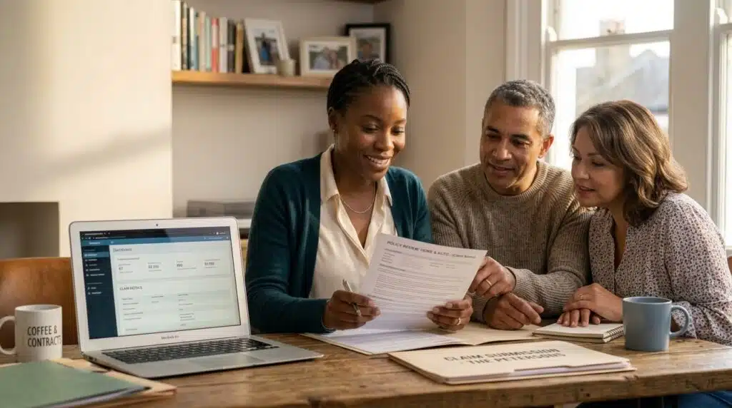 Professional reviewing insurance documents at a home office desk