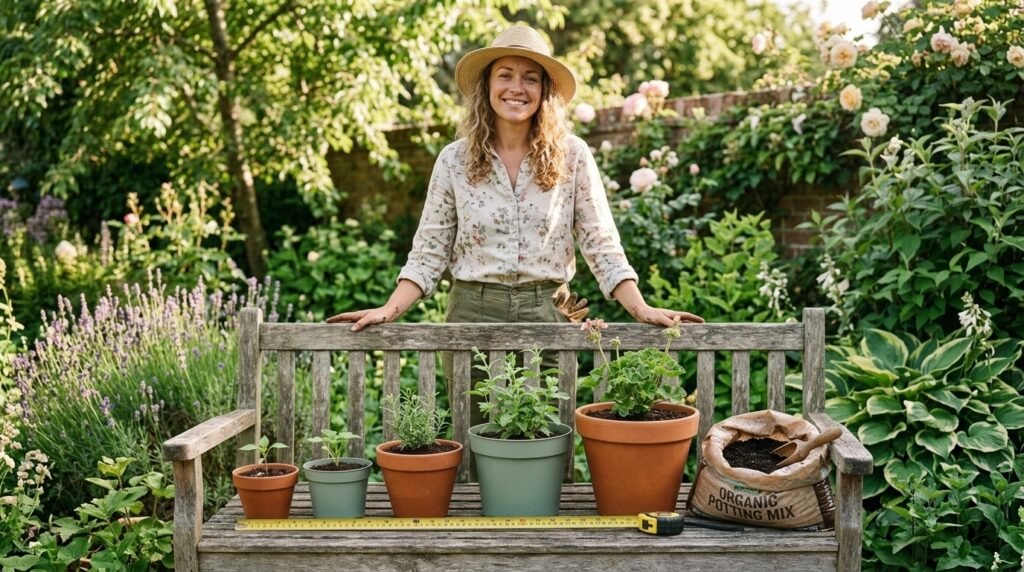 Row of terracotta and plastic plant pots in ascending sizes next to a measuring tape and a bag of potting mix