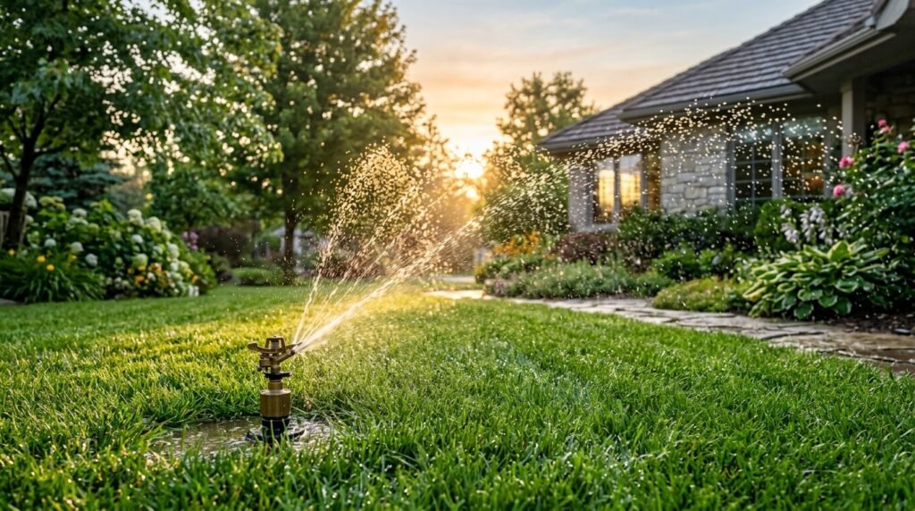 Lawn Care Maintenance Guide – Mowing, Watering & More Sprinkler system watering a green lawn in early morning light