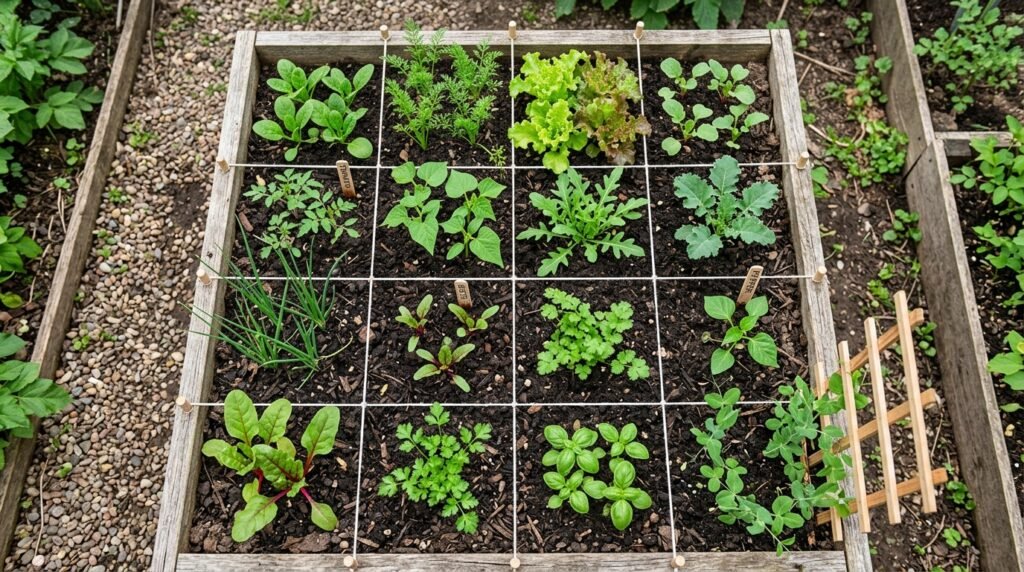 Square foot garden grid with vegetables planted per square