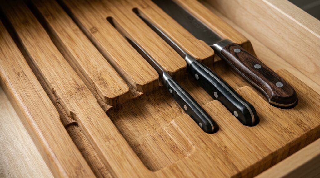 bamboo knife drawer organizer surface showing natural wood