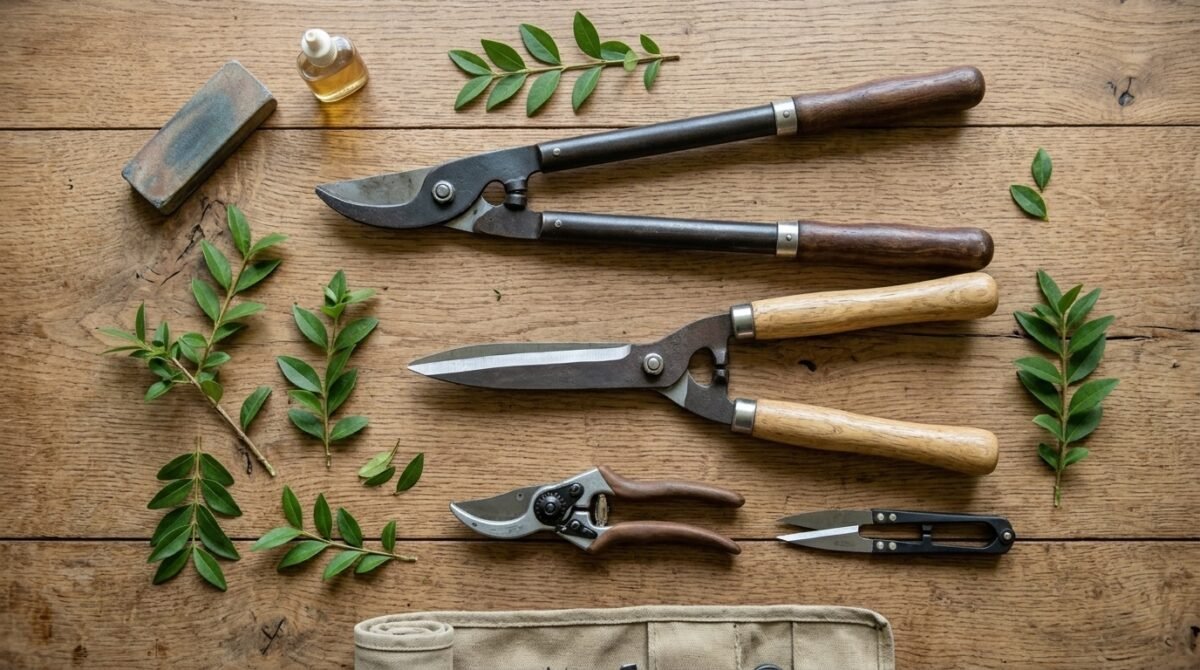 Bush trimming tools including hand pruners, loppers, and hedge shears
