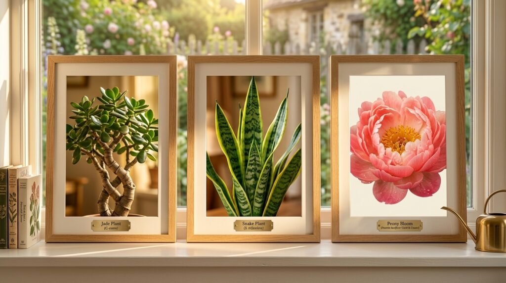 Long life plants collection including jade plant, snake plant, and peony