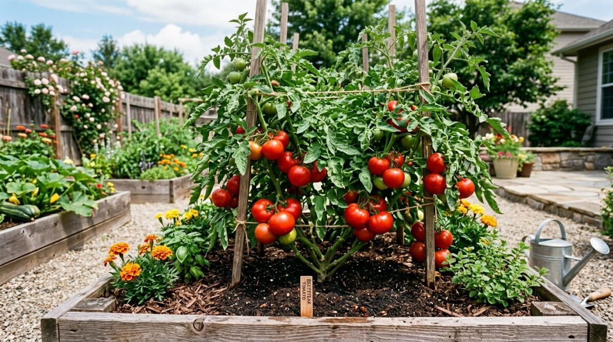 Healthy tomato plant growing in rich, well-drained soil