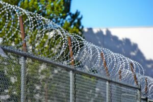 Close-up of barbed wire fence with clear blue sky background.