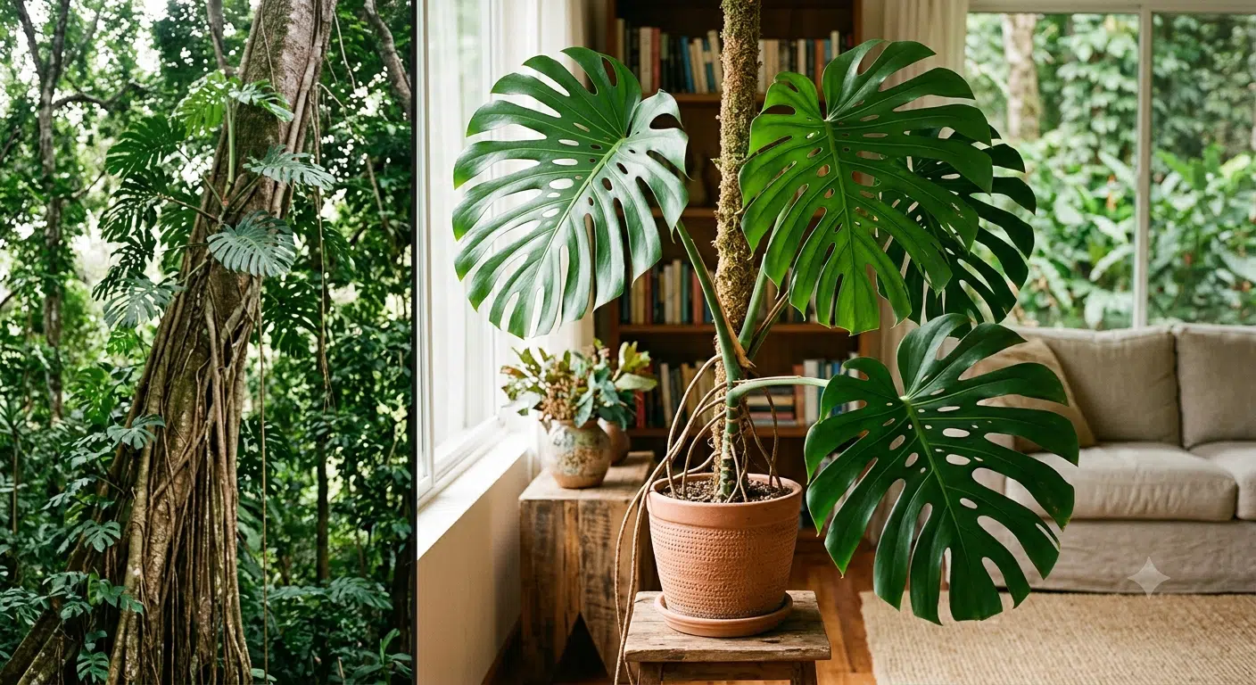 Monstera climbing a tree in the rainforest next to a potted Monstera indoors