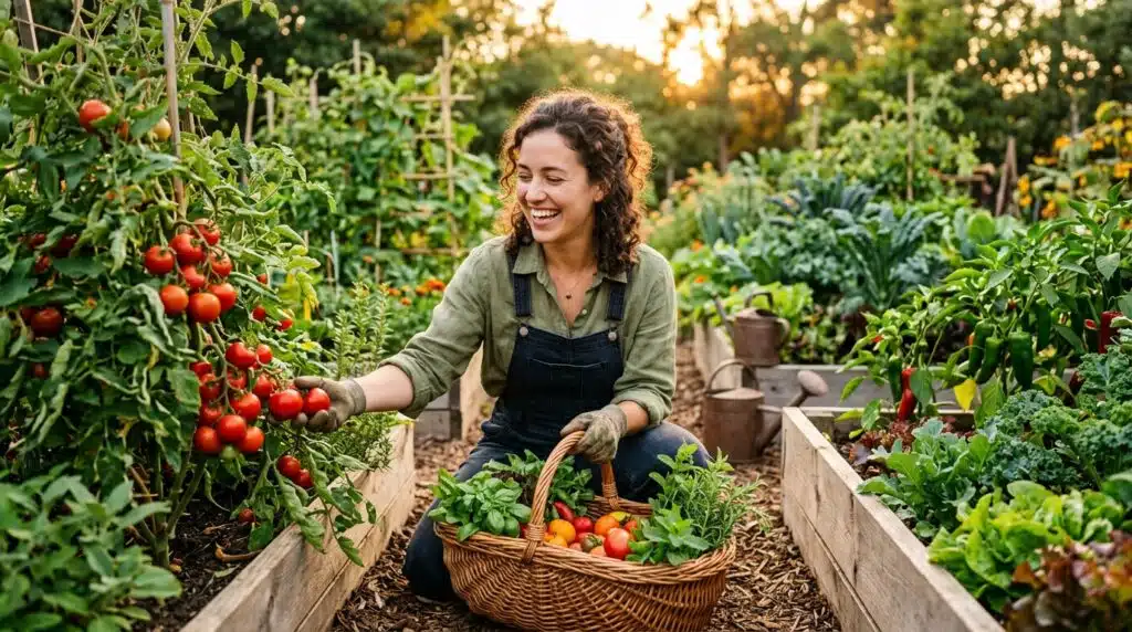 Happy Women harvesting fresh vegetables in a home garden showing the benefits of growing your own food