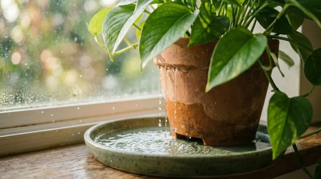 Water draining freely from the holes of a healthy potted plant