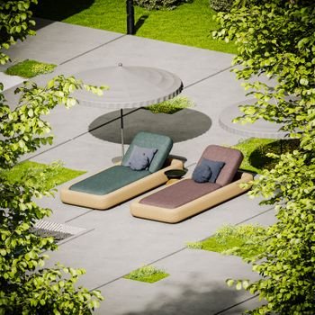 Aerial view of outdoor sunbeds with umbrellas, surrounded by green foliage.