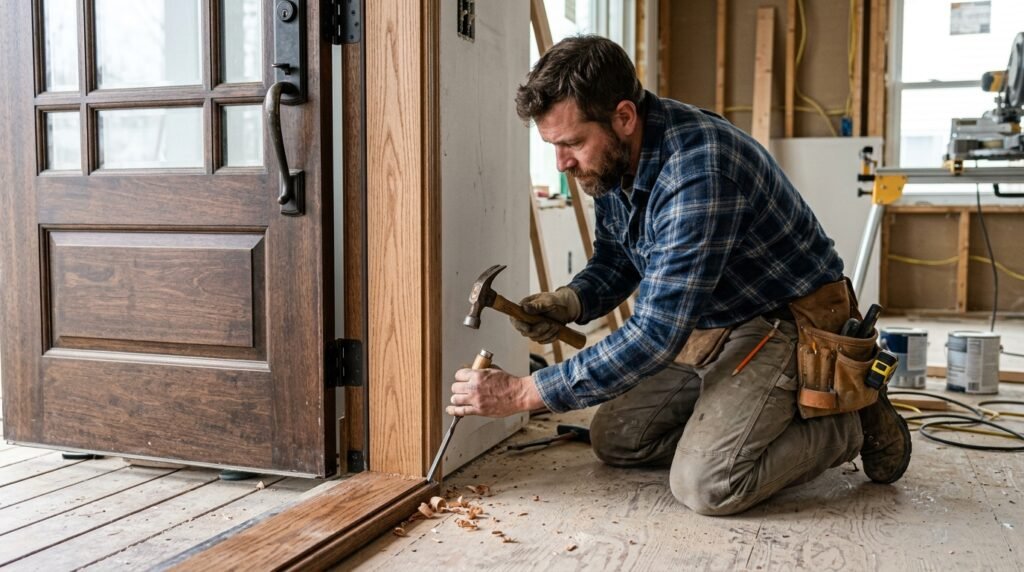 Carpenter adjusting door threshold
