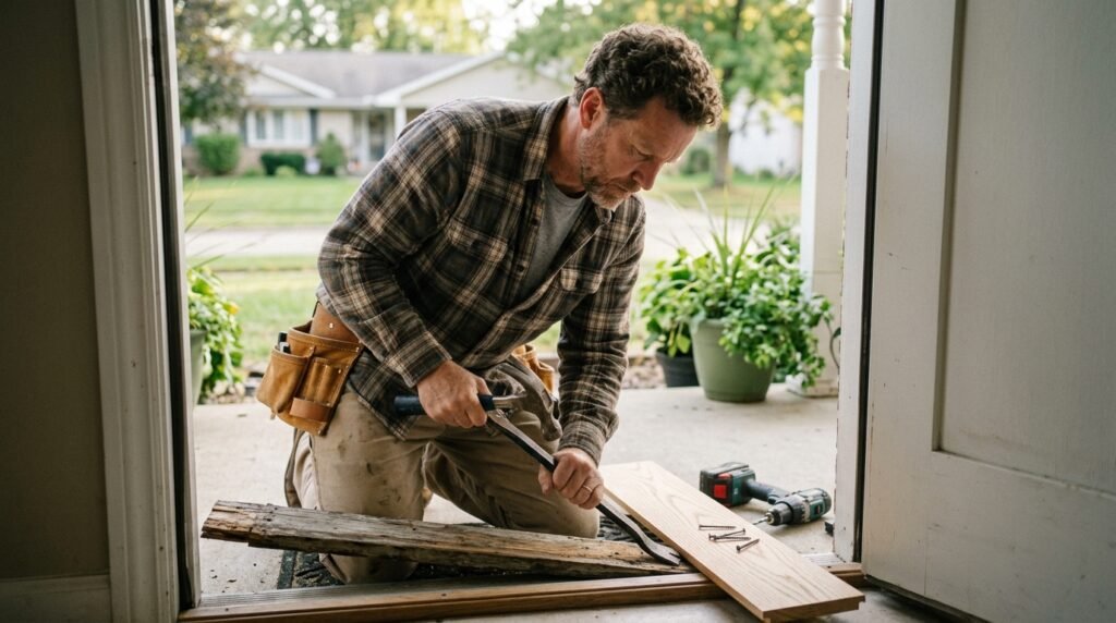 Carpenter replacing door threshold