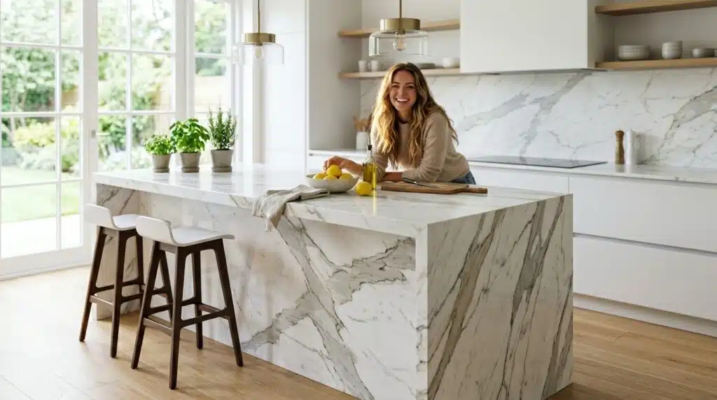 Kitchen with a white marble waterfall island showing gray and gold veining