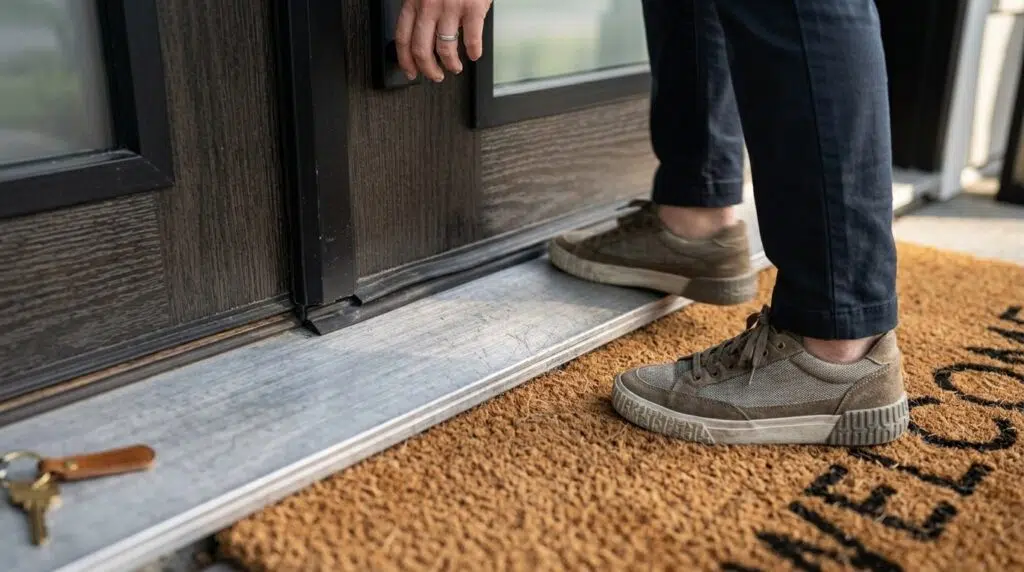 Close-up of an aluminum door threshold at the base of a front entry door
