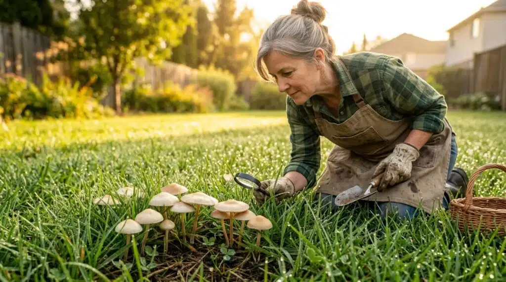 Cluster of wild mushrooms growing in a green backyard lawn after rain