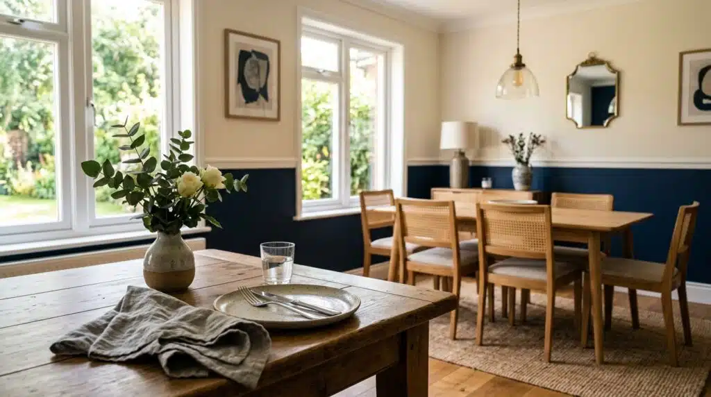 Dining room with chair rail height dividing navy and cream walls