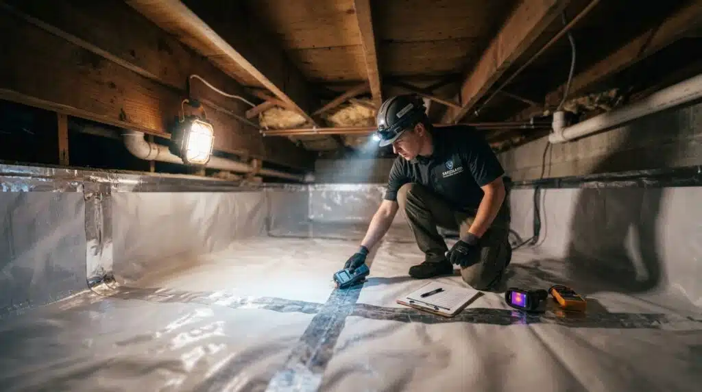 Encapsulated crawl space with white vapor barrier lining floor and walls under a home