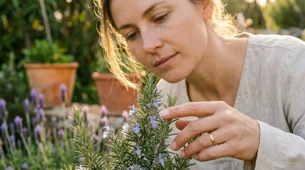 Healthy rosemary shrub in full bloom in a Mediterranean-style garden
