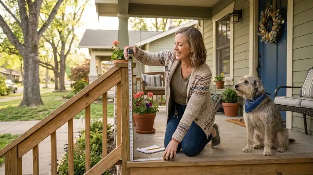 Homeowner measuring stair railing height with a tape measure on a wooden staircase