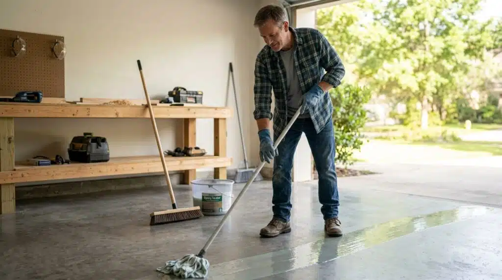 Homeowner mopping a sealed concrete garage floor with a pH-neutral cleaner