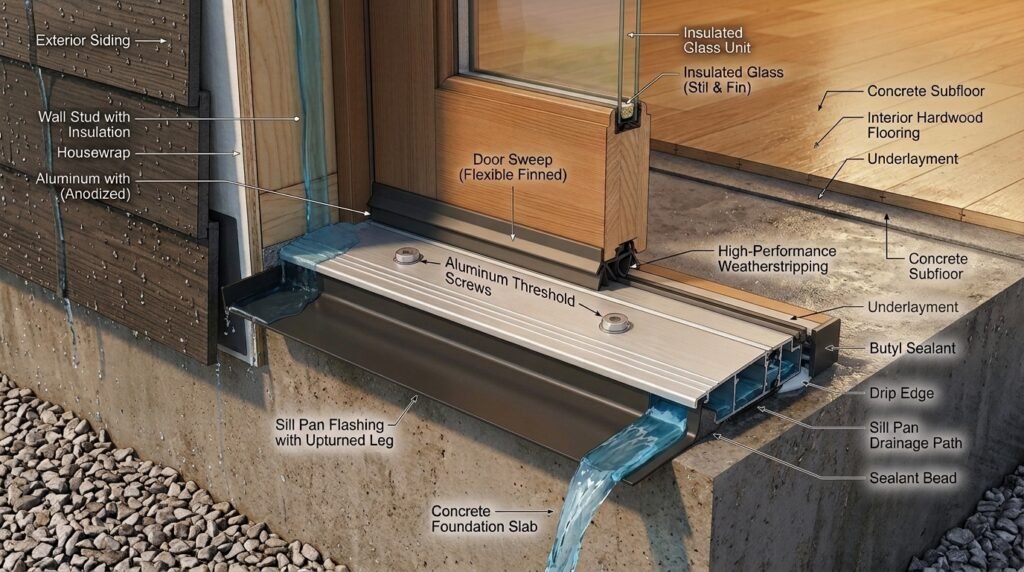 Labeled cutaway diagram of a door threshold assembly and its parts