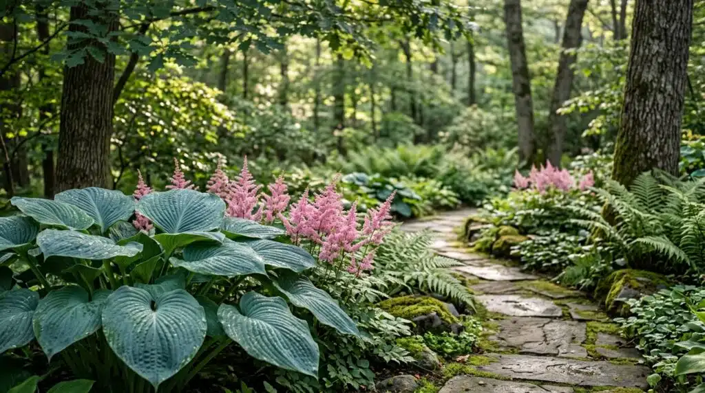Lush shade garden with hostas, ferns, and astilbe in a layered woodland border