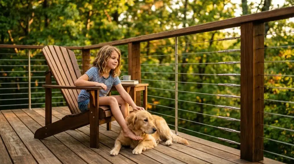 Girl and golden retriever on a wood deck with horizontal stainless steel cable railing
