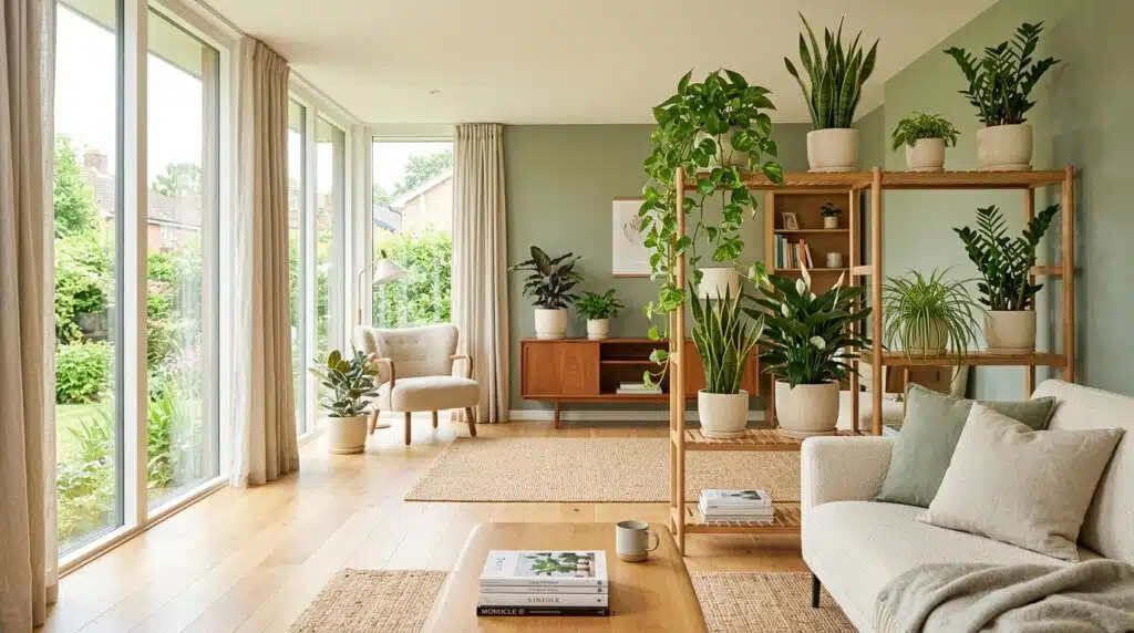 Several leafy houseplants in a bright living room