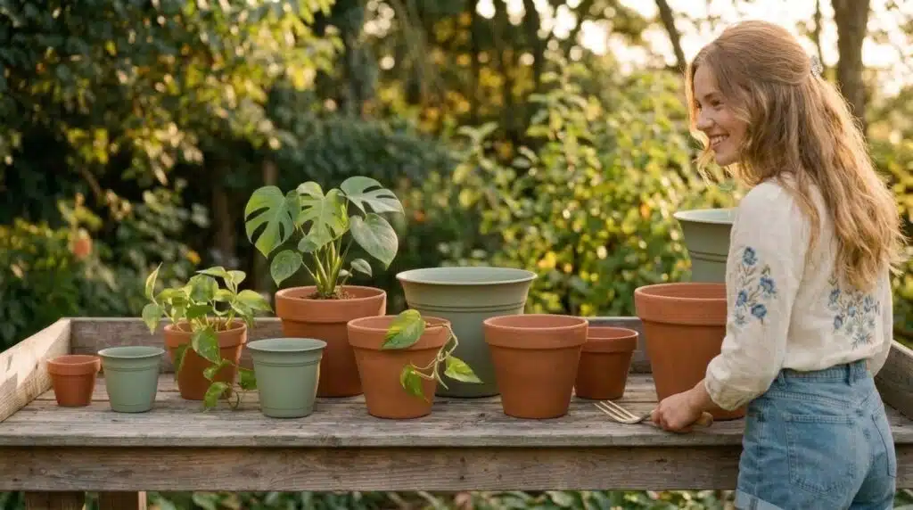 Woman arranging terracotta and plastic plant pots of different sizes on a wooden potting bench outdoors