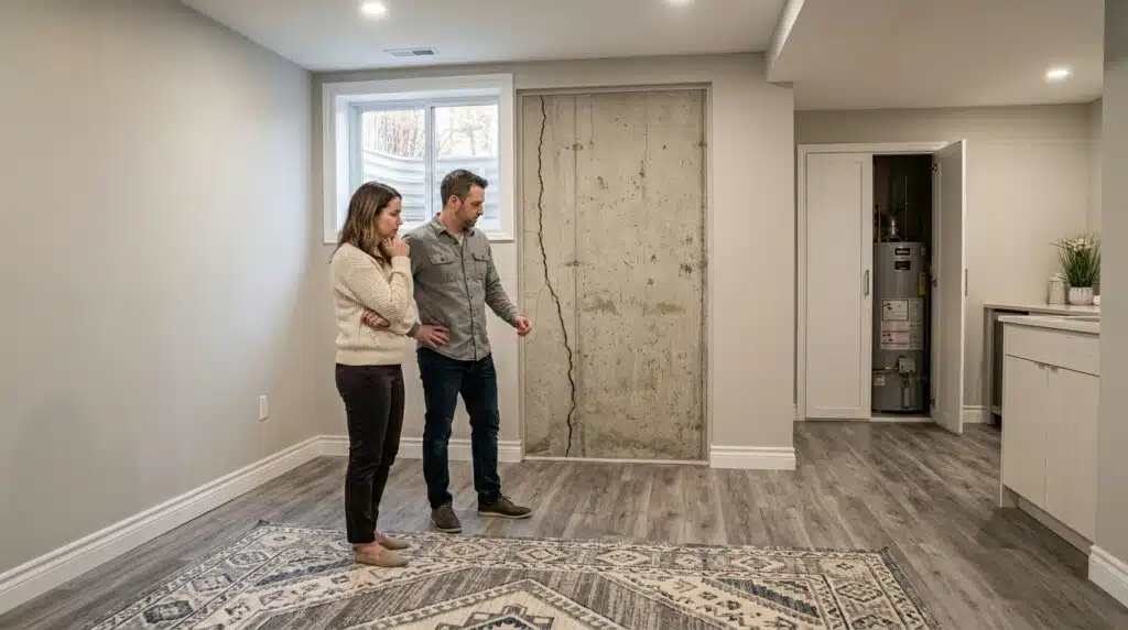 Vertical crack running up a poured concrete basement wall