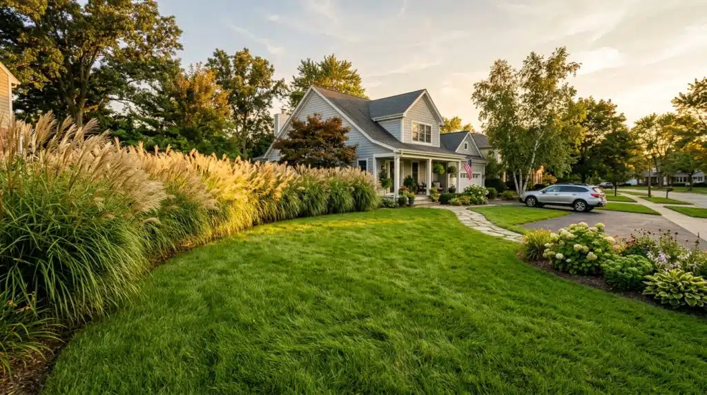 healthy lawn with ornamental grass border in golden hour light